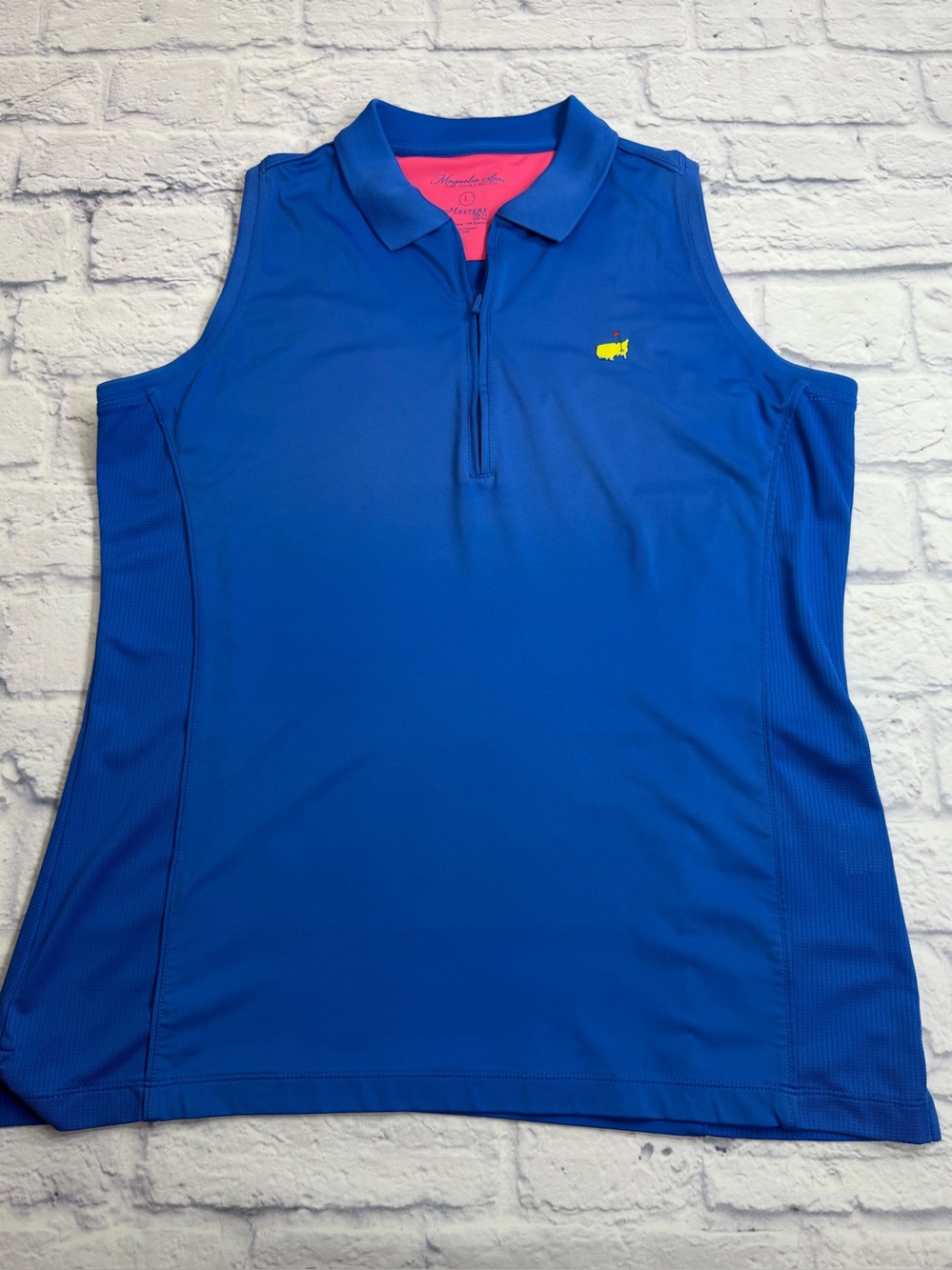 Magnolia Lane Masters Tech Blue Sleeveless Zip Polo w/Masters Logo. Size L. Golf
